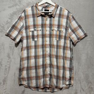 Prana Mens XL Short Sleeve Button Down Shirt Gray Orange Plaid Dobby Cotton